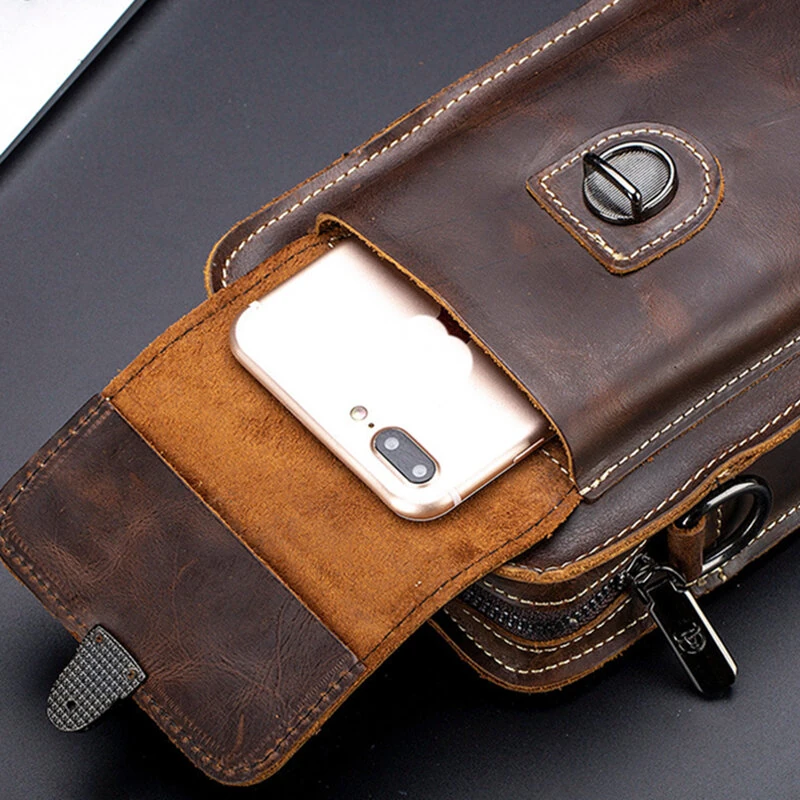 (image for) BULLCAPTAIN Men Casual Waist Bag Belt Purse Genuine Leather Multifunctional Shoulder Messbage Bag Mobile Phone Crossbody Bags Waist Pack